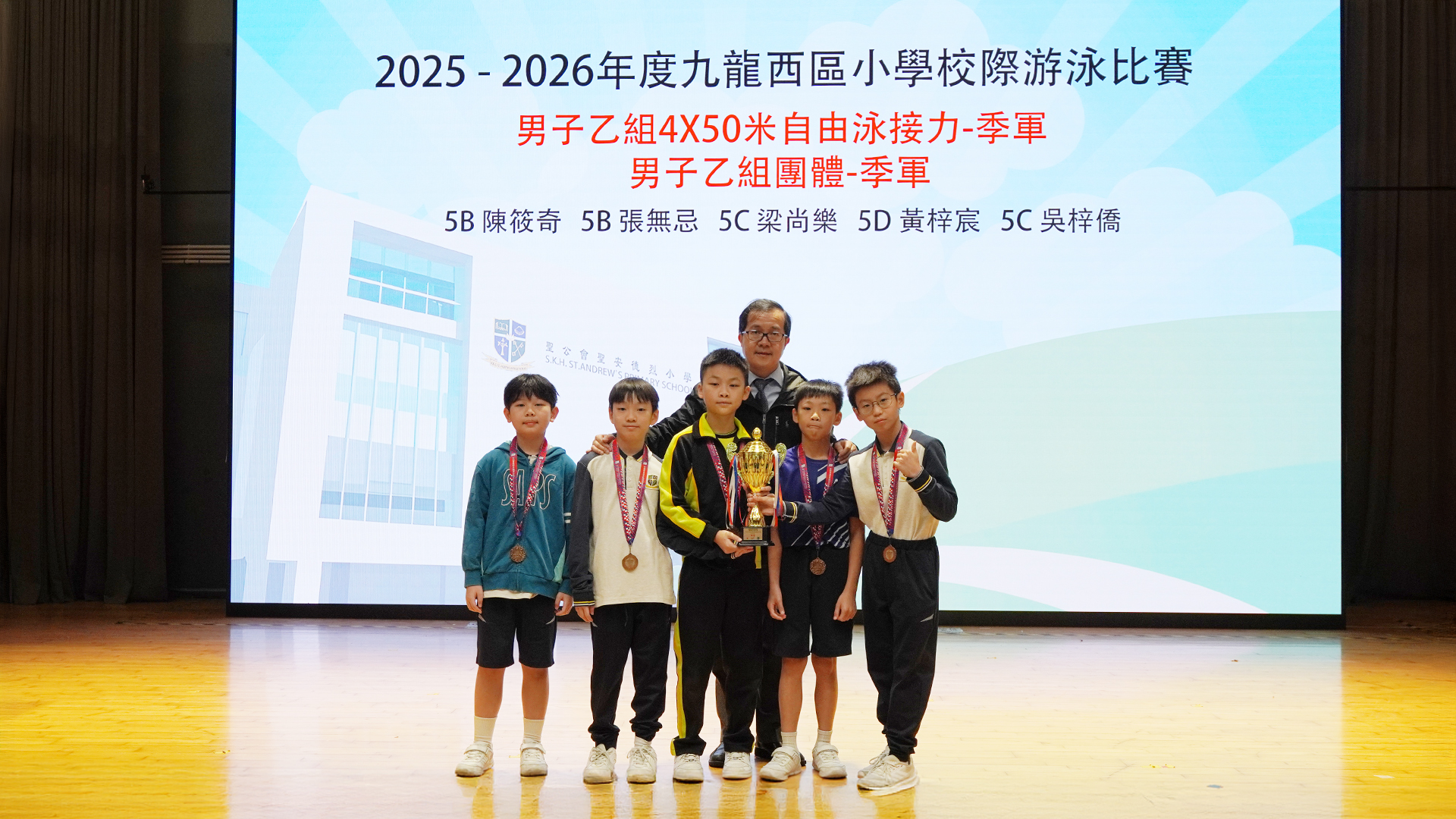 2025 - 2026年度九龍西區小學校際游泳比賽：女子乙組50米蝶泳-季軍；男子乙組4X50米自由泳接力；男子乙組50米、100米自由泳-季軍